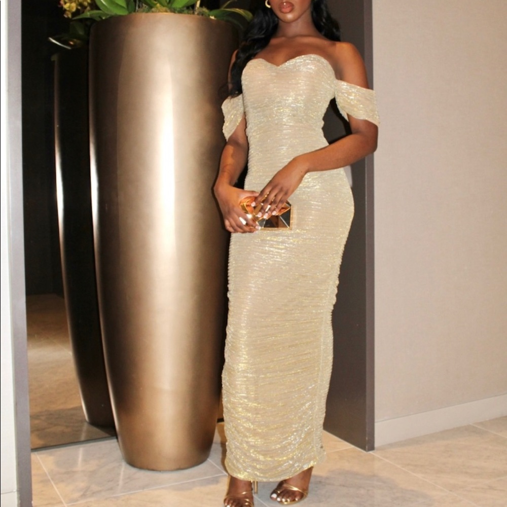 Gold Ruched Off Shoulder Chiffon Dress